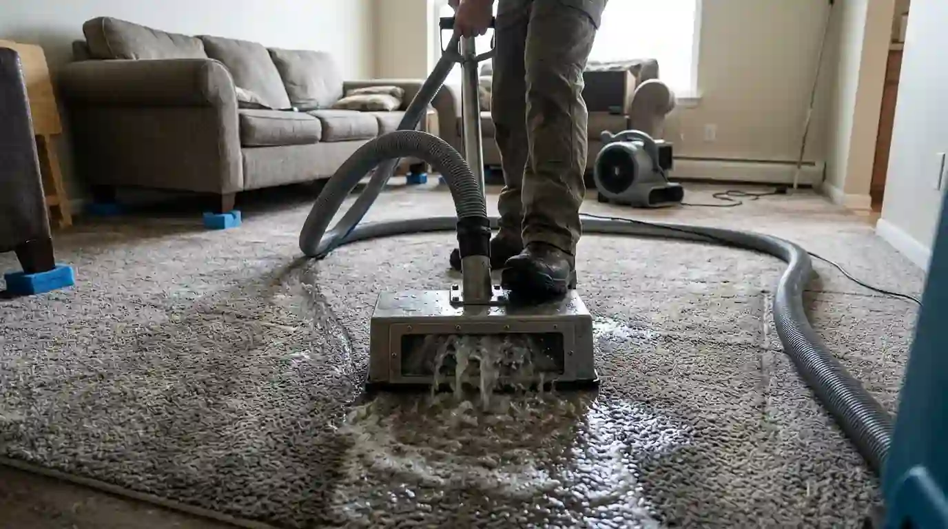 Weighted extraction tool squeezing water from a wet carpet