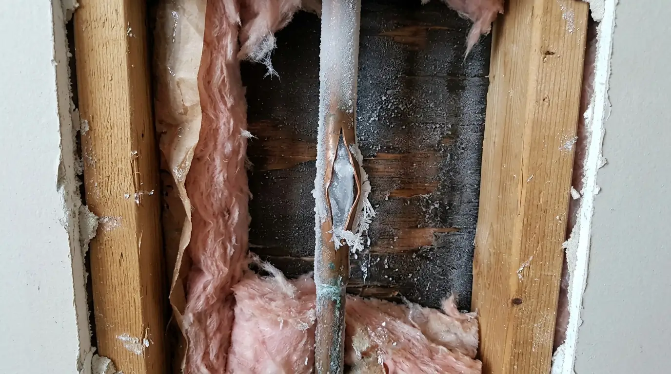 Split copper pipe inside an opened exterior wall
