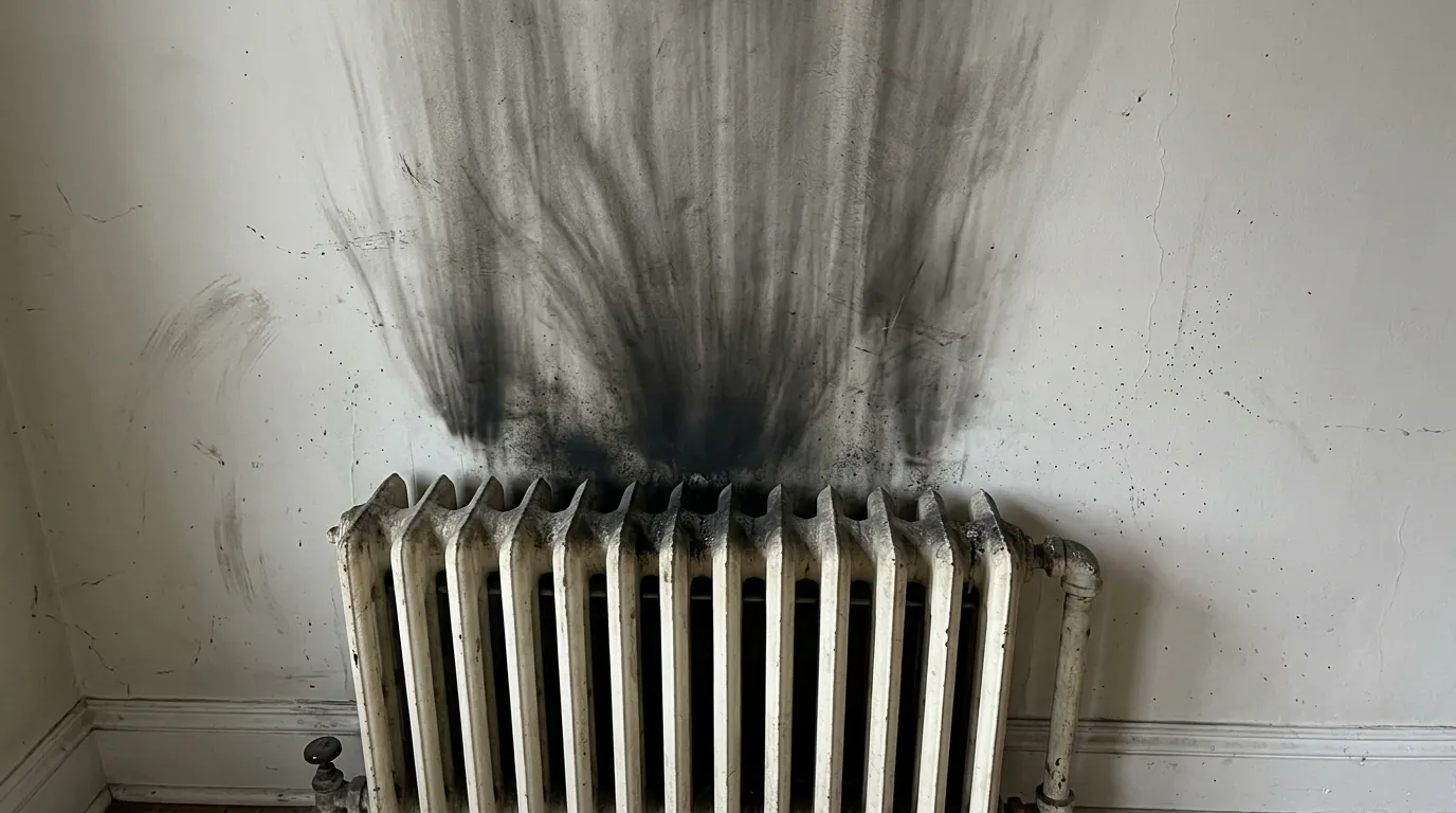 Oily soot streaks above a radiator after a puff-back