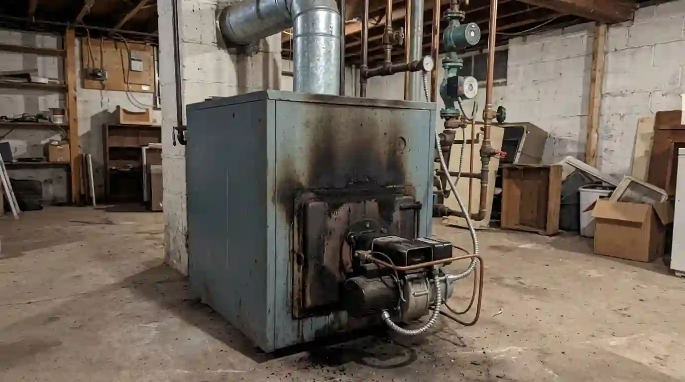 Soot around an oil burner door in a basement