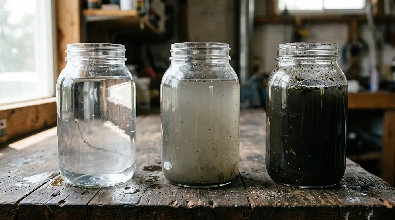 Three jars showing clean, gray and black water