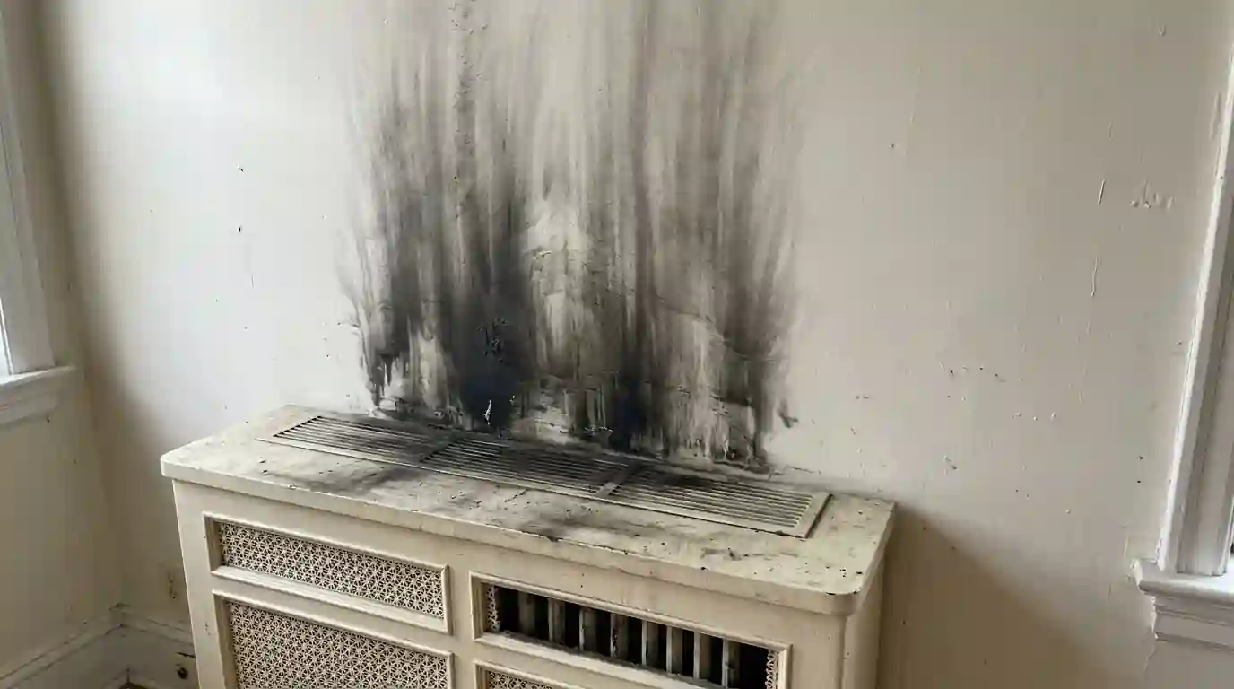 Oily soot streaks above a radiator cover