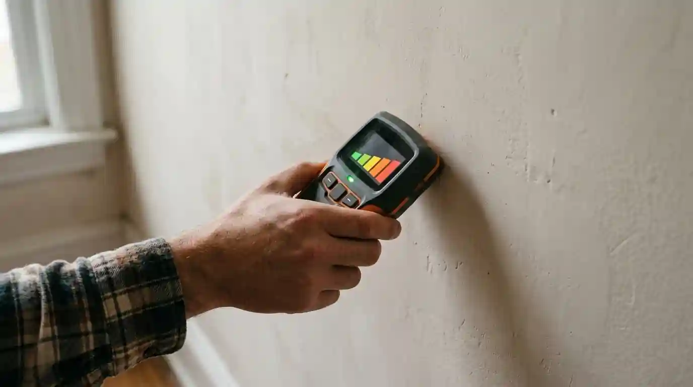 Pinless moisture meter on a plaster wall