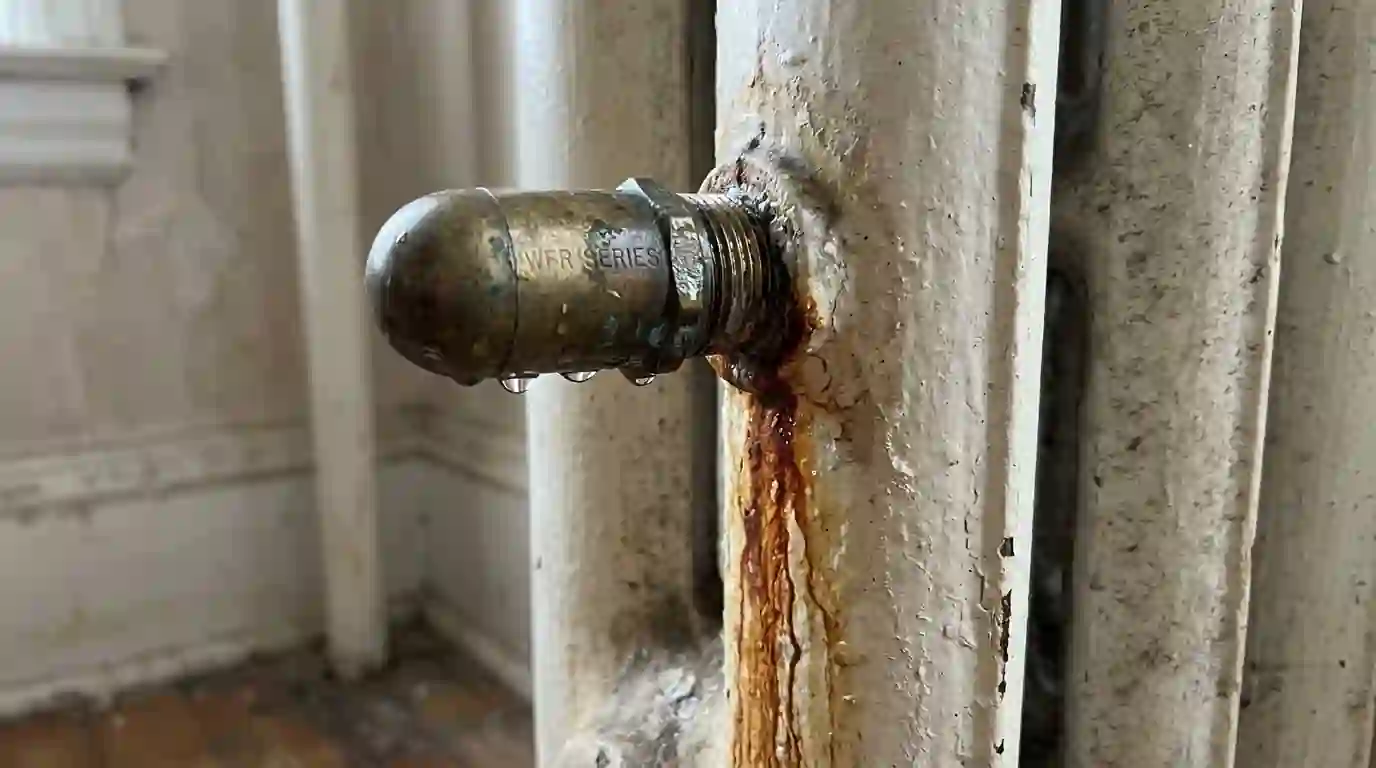 Steam radiator air vent with rust streaks below