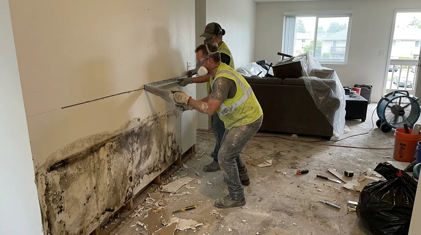 Drywall being cut above a flood line