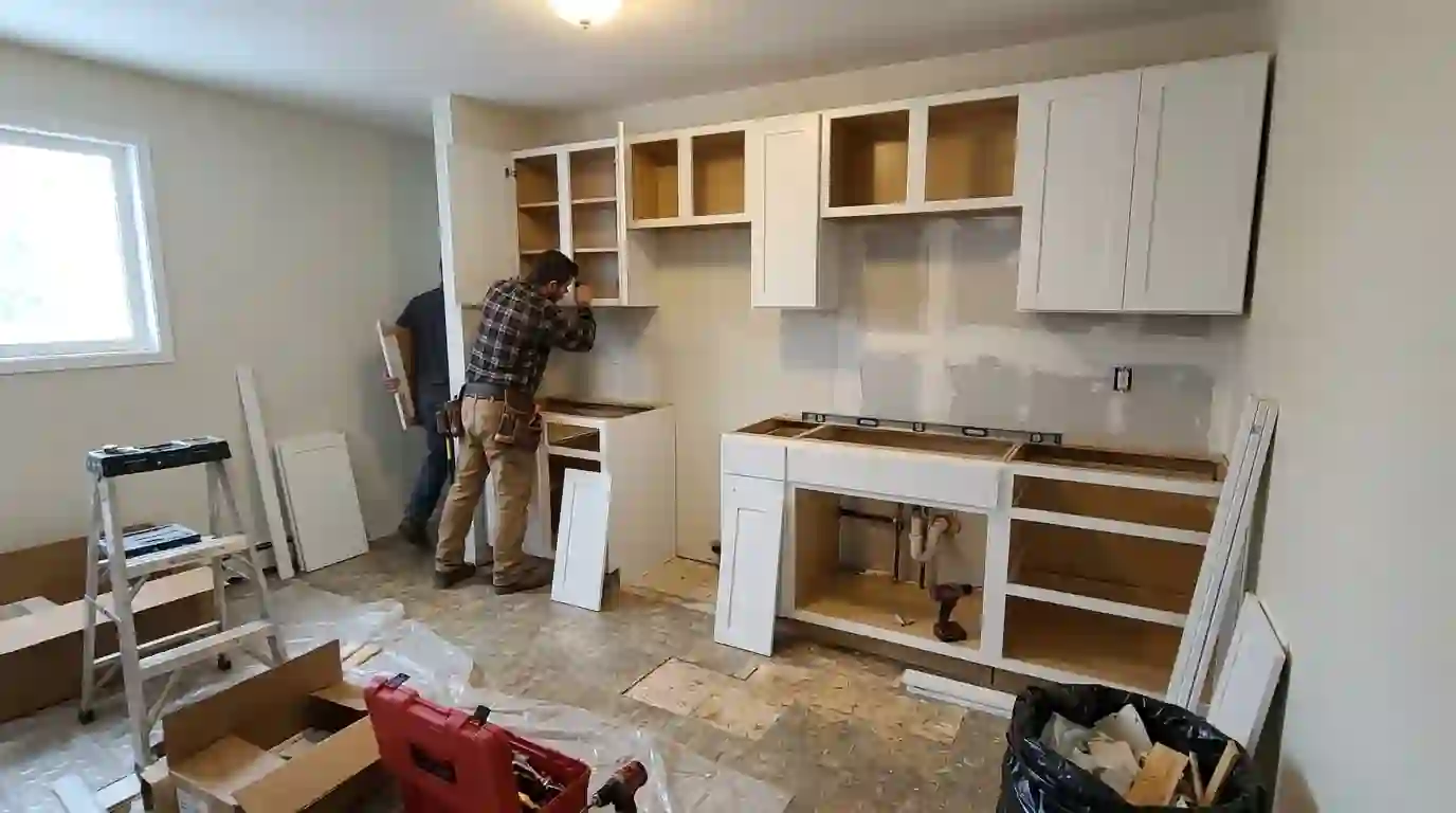 New cabinets installed after water damage repairs