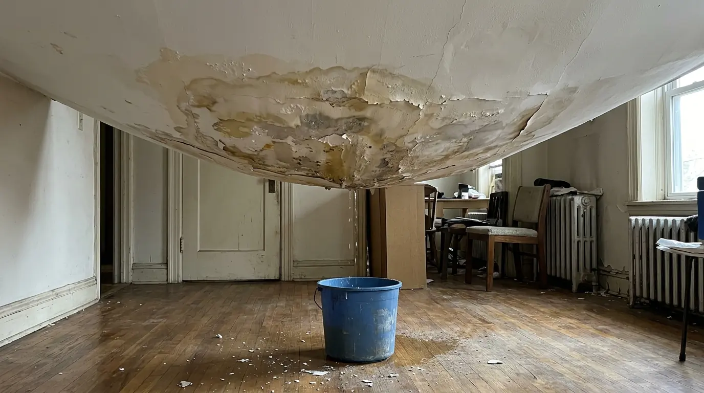 Sagging plaster ceiling with water behind it