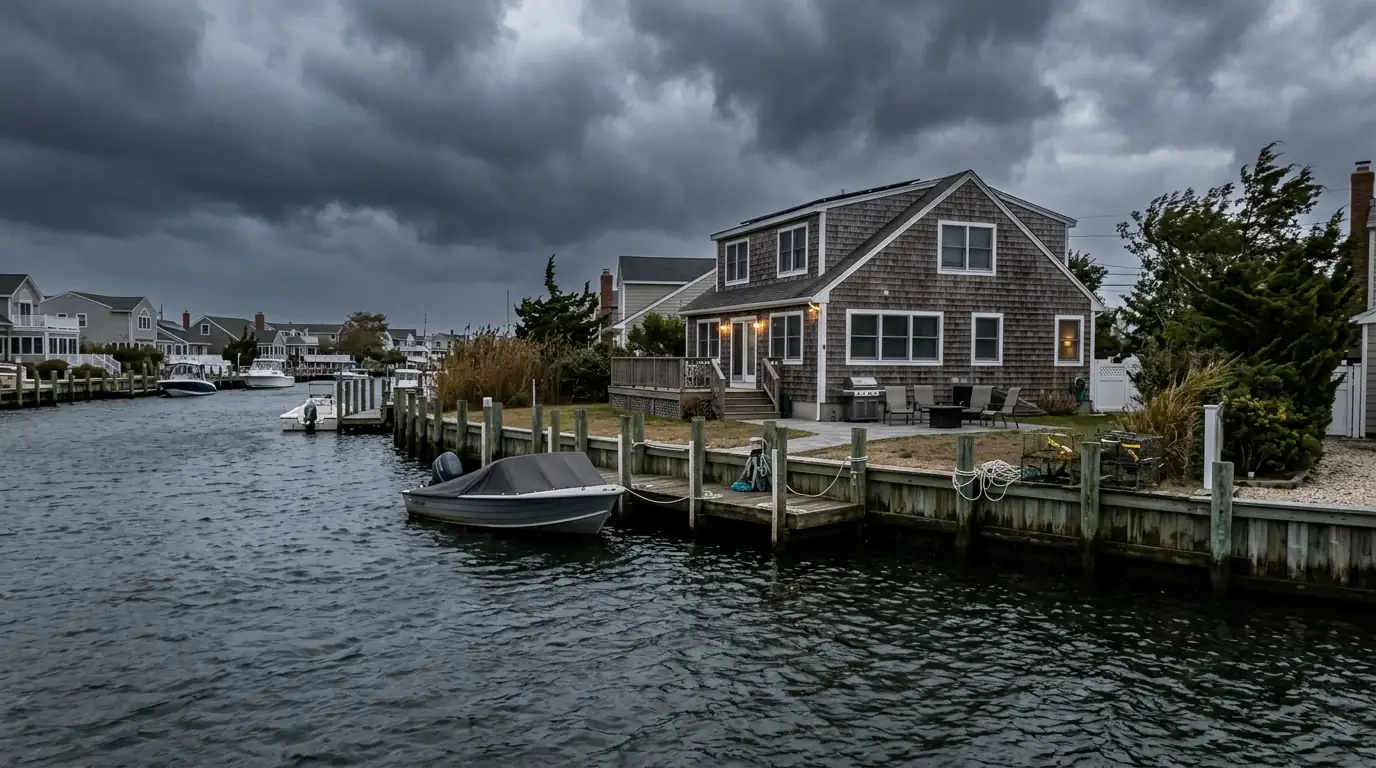 Canal-front house in Nassau County under storm clouds