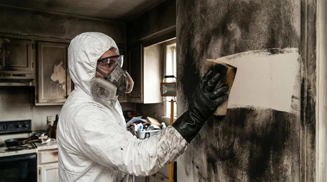 Soot being removed from a kitchen wall