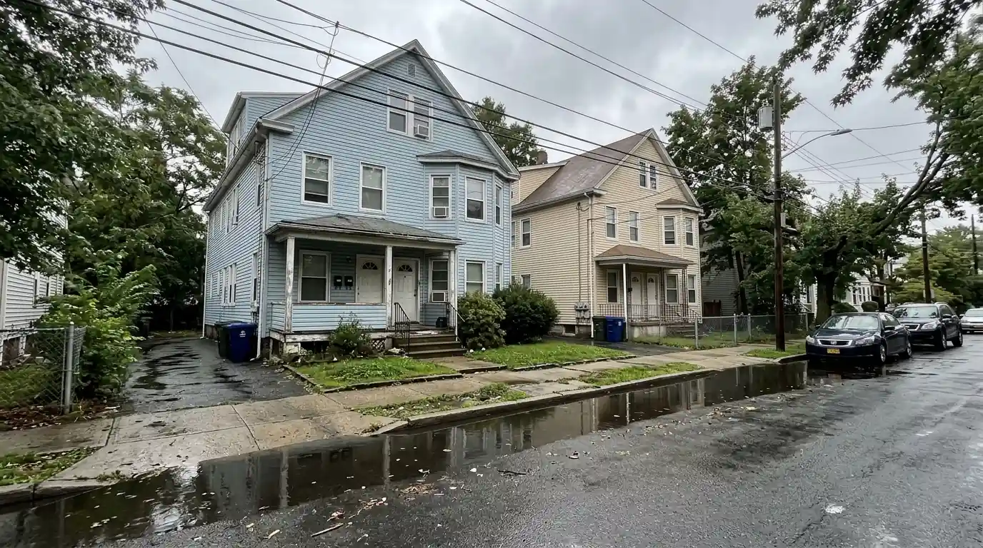 Two family houses on a Mount Vernon street after rain