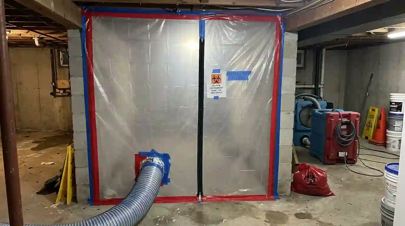 Containment sealing off a doorway during cleanup