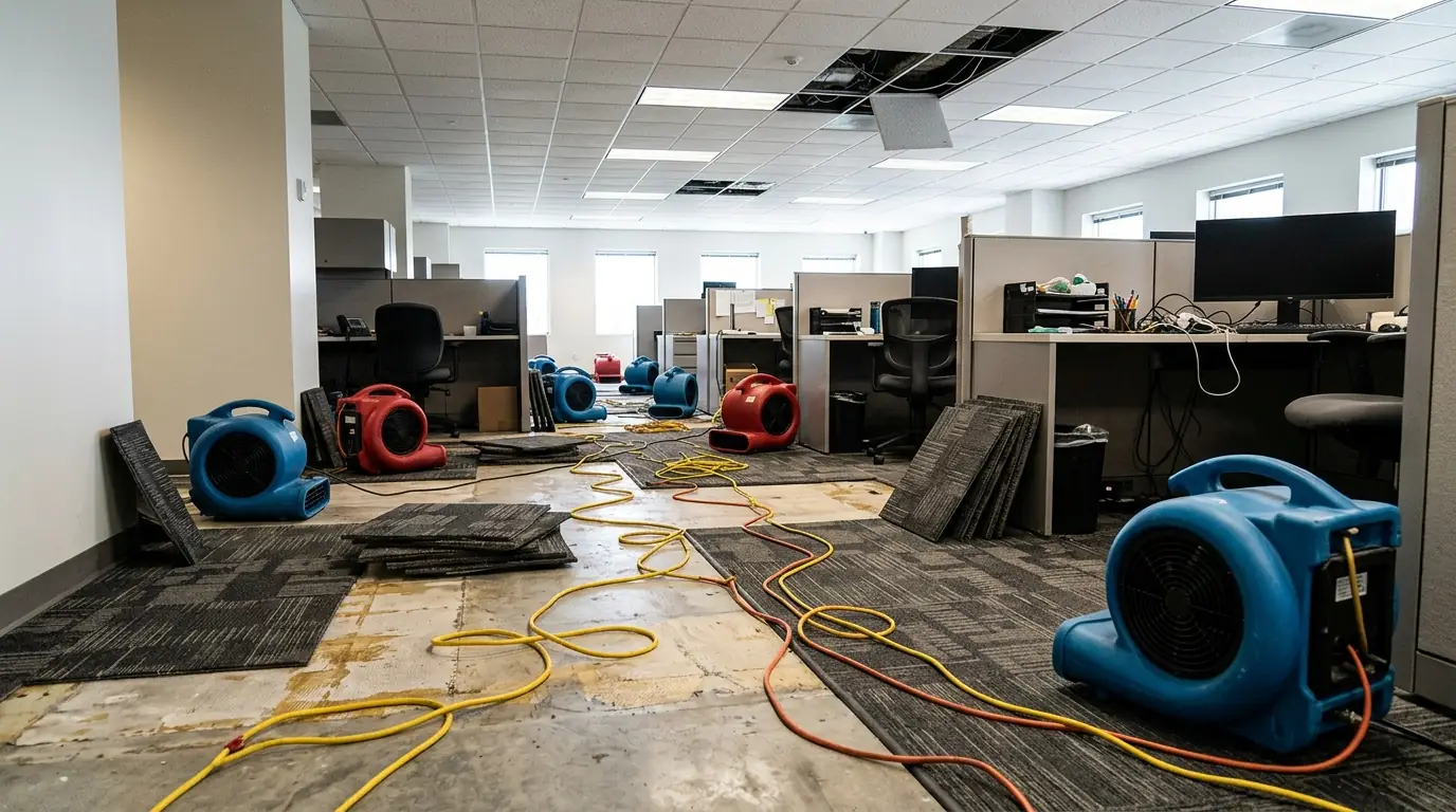 Office carpet tiles lifted for drying