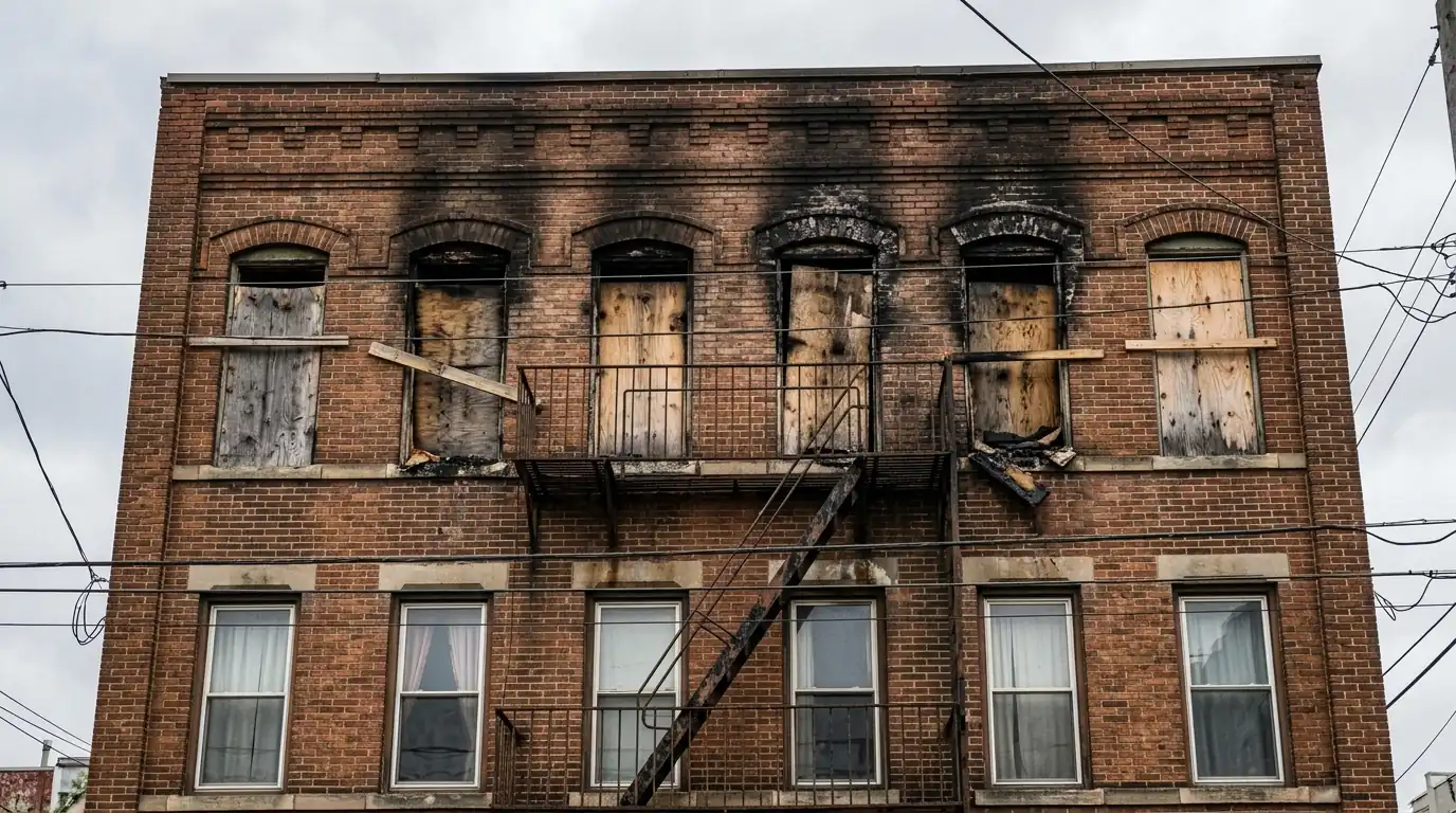 Boarded windows on an upper floor after a fire